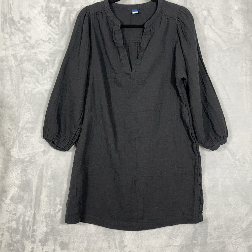 Old Navy Women XS Little Black Dress Crinkle Gauze Midi V Neck 3/4 Sleeve Casual